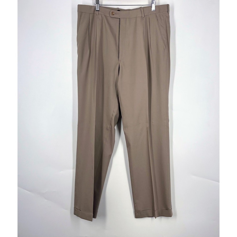 Hickey Freeman Nordstrom Mens Tan Pleated Cuffed Dress Pants 35x29